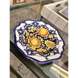 I. Godinger & Co Italian VTG Cobalt Yellow Flower Hand Painted 7"Dessert Plate
